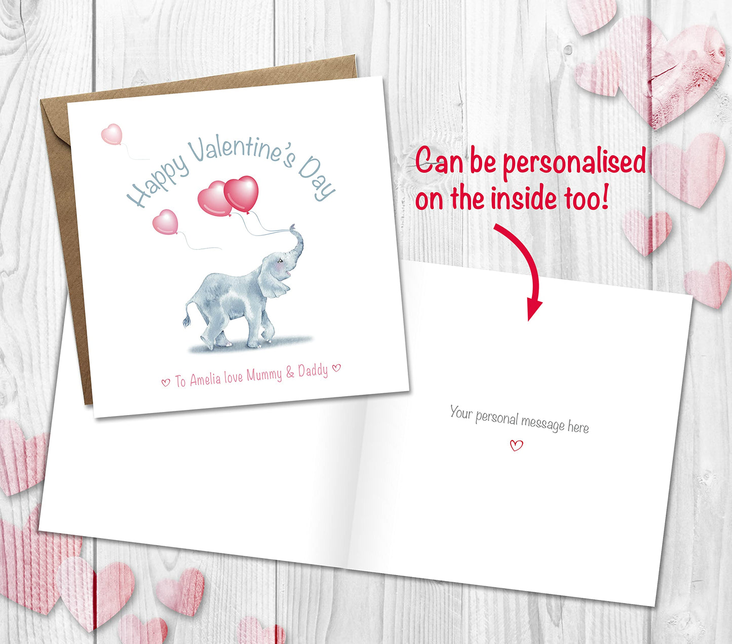 Personalised Valentines Card for Kids, Young Children and Babies with Cute Elephant