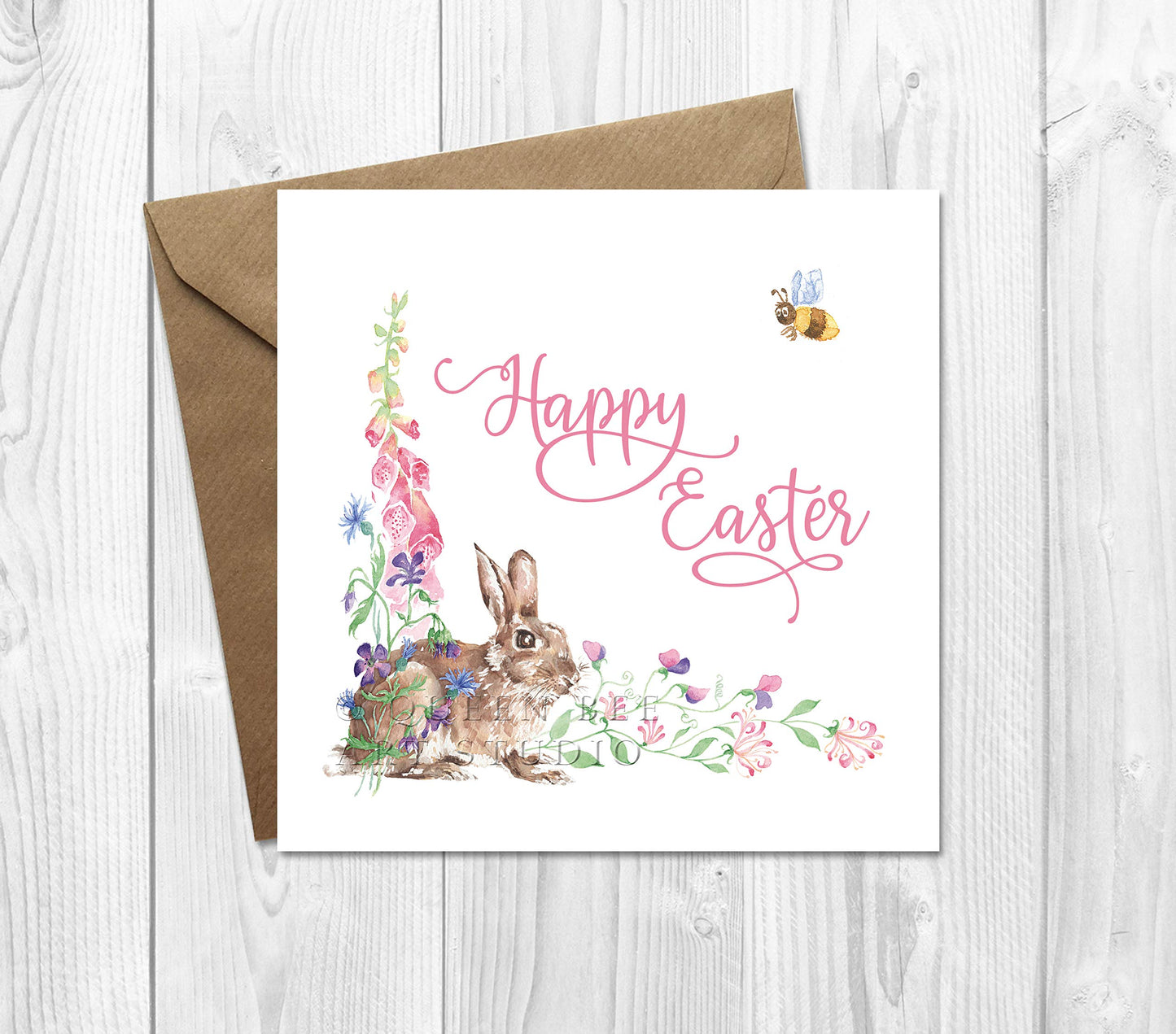 Personalised Easter card for granddaughter with Easter bunny, floral Easter rabbit card for child, custom greeting card with spring flowers