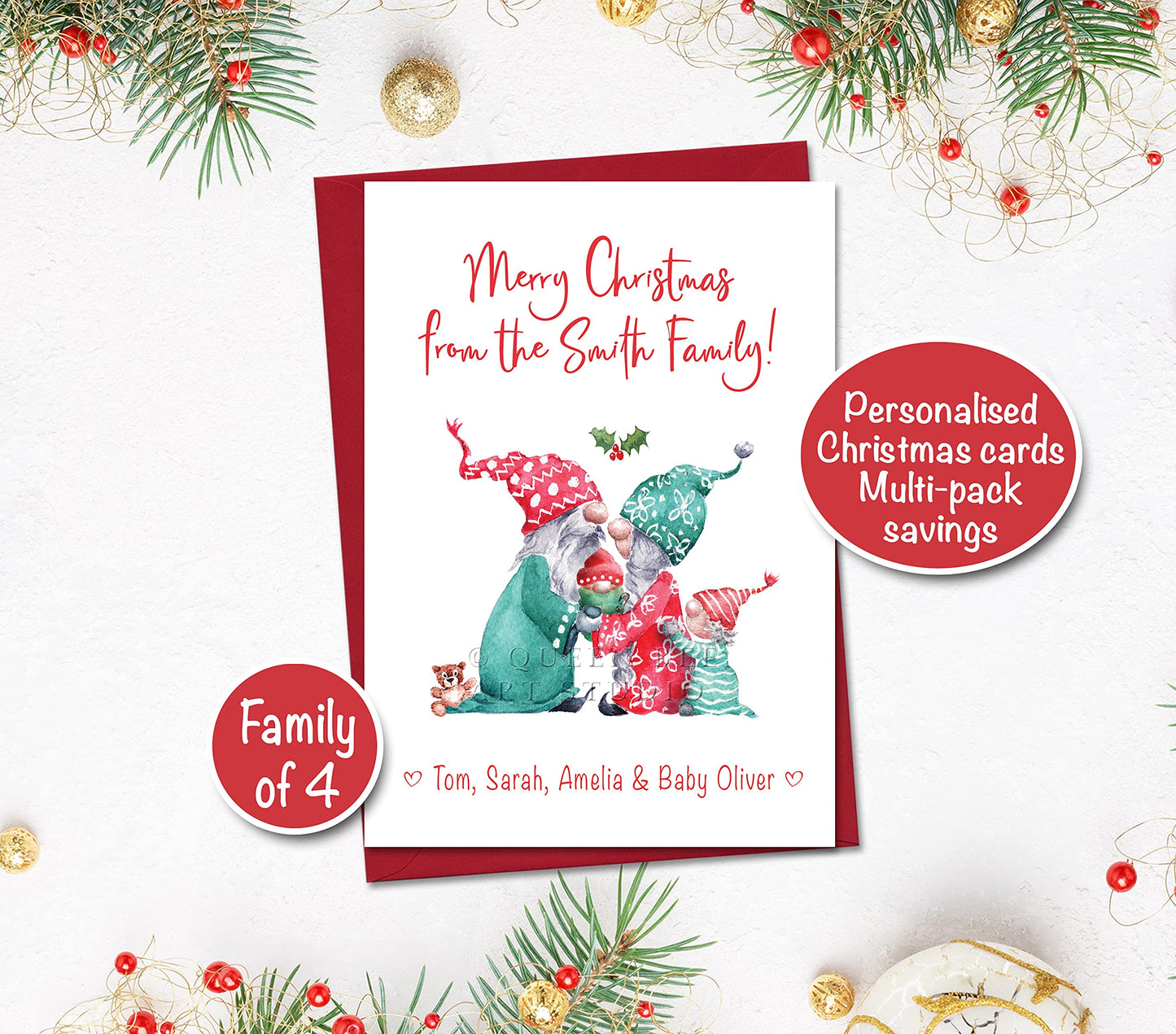 Cute Gnome Personalised Christmas Cards from Family of 4 with new baby - multipack