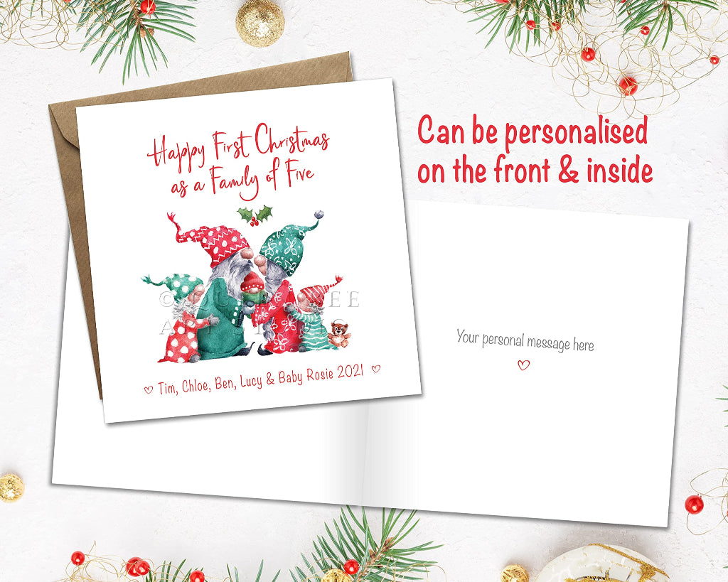 The inside of a personalised Christmas card showing how it can be printed on the front with names and date, and printed inside with customised greeting. The front has a picture of cute gnome family on 5 having a cuddle