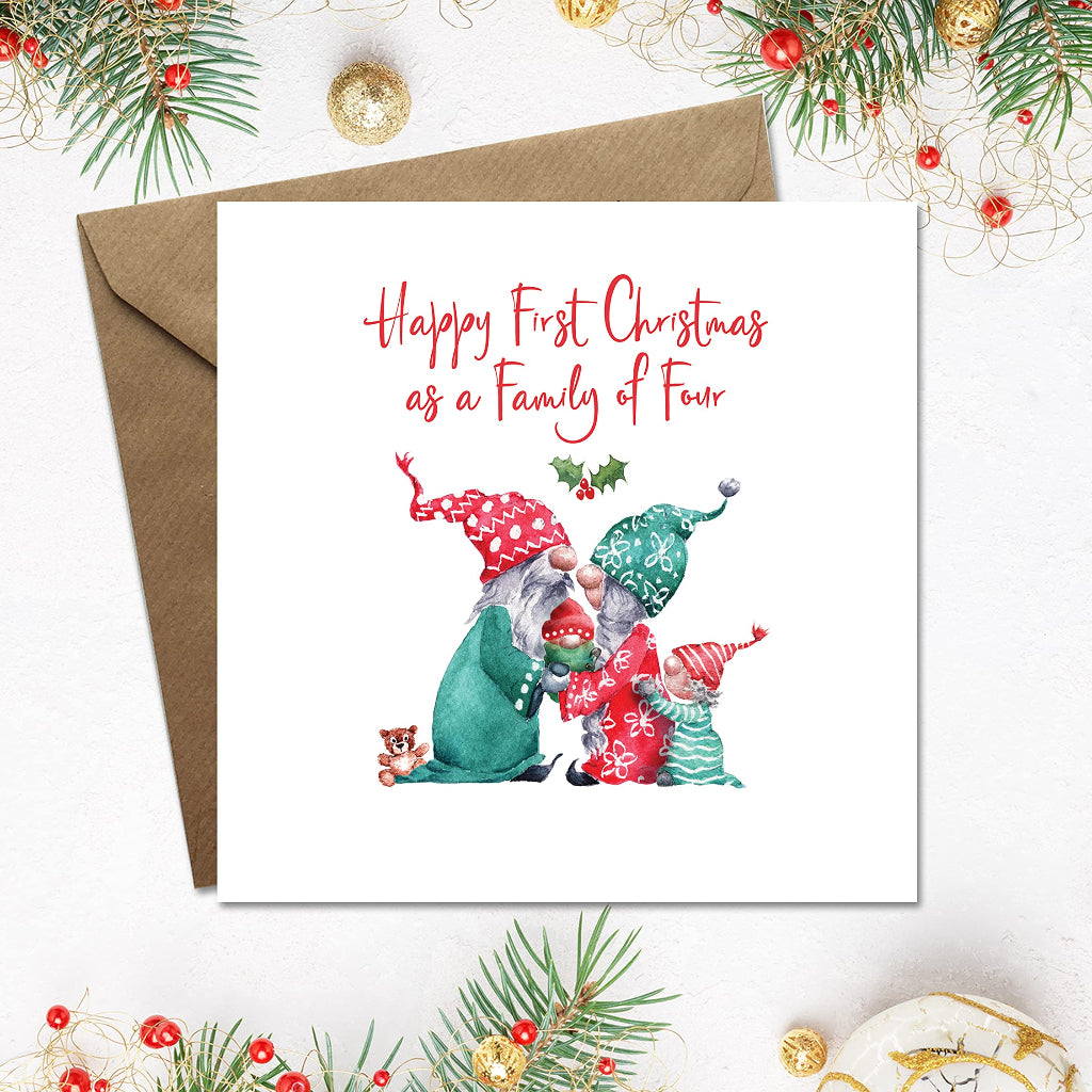Sweet christmas card for a family of 4 with a new baby. The card has a cute gnome family on the front