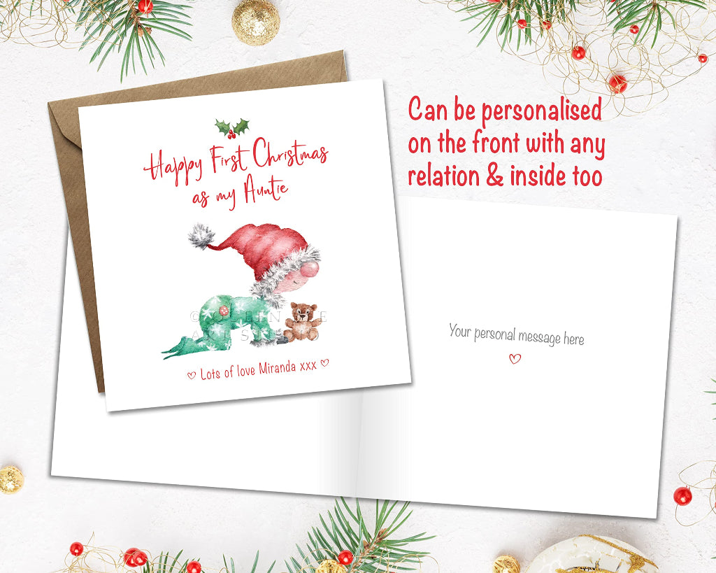 Happy 1st christmas as my aunt card, sent from new baby. The card is personalised on front with any relations and can be printed inside.
