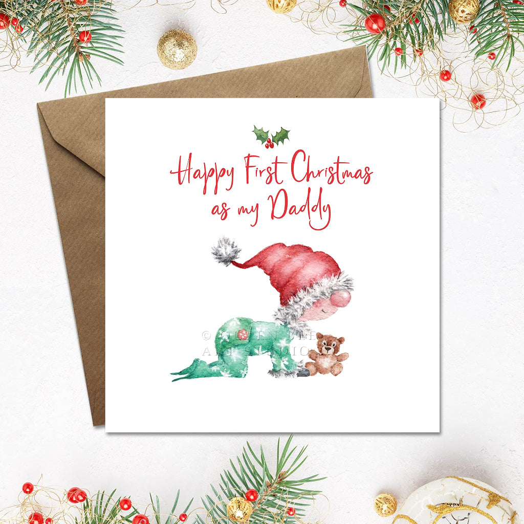 Cute Happy 1st Christmas as my daddy card, with sweet baby illustration in santa hat and green babygrow