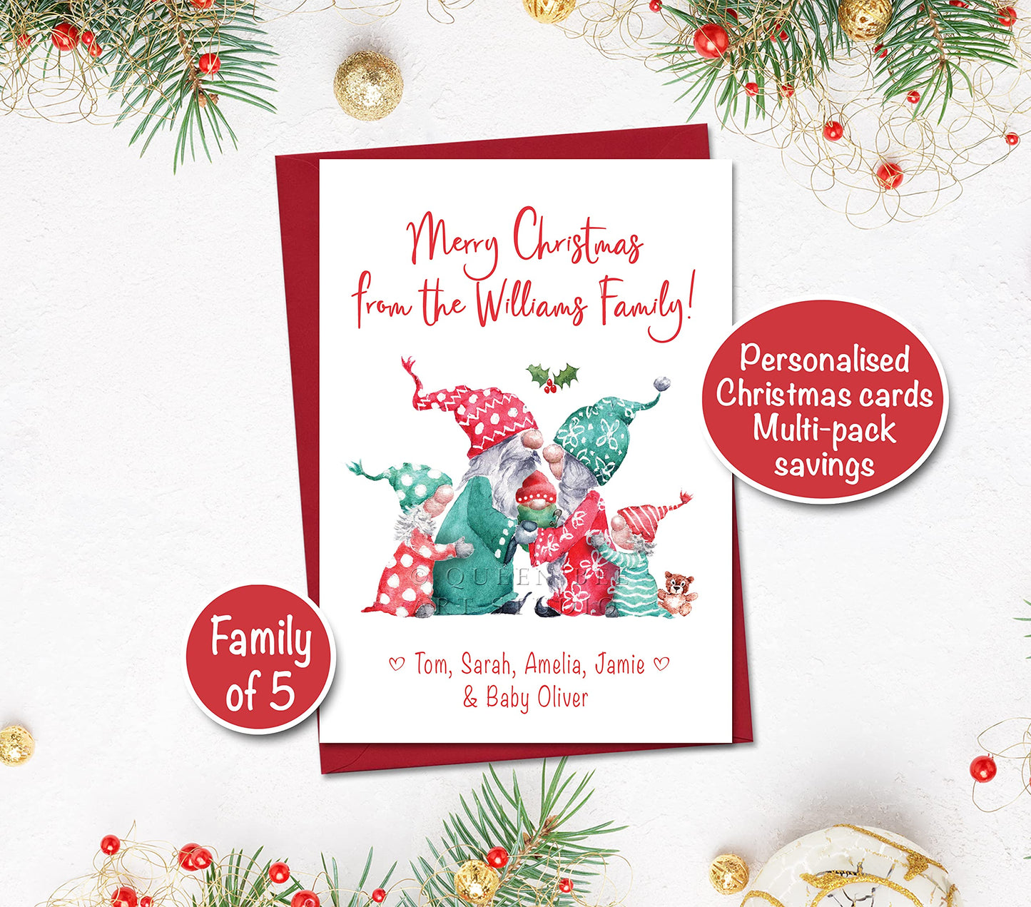 Pack of 6 Personalised Gonk Christmas Cards from a Family of 5