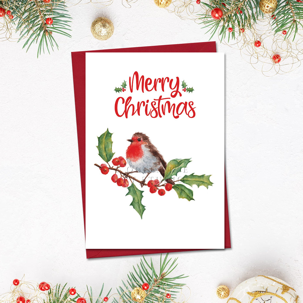 A6 Merry Christmas card with red envelope with an illustration of robin on a holly branch with red berries