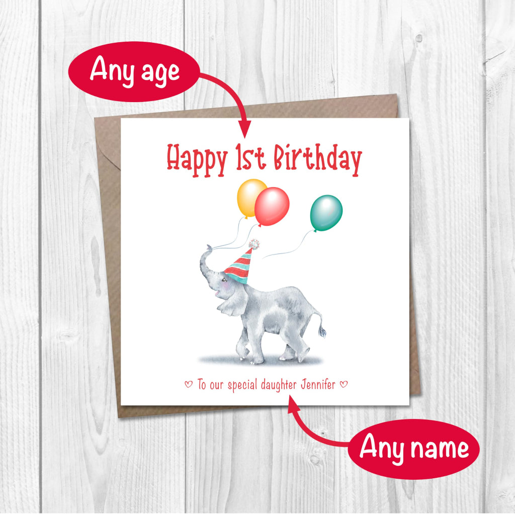 Cute baby elephant birthday card for child with any name & age on front