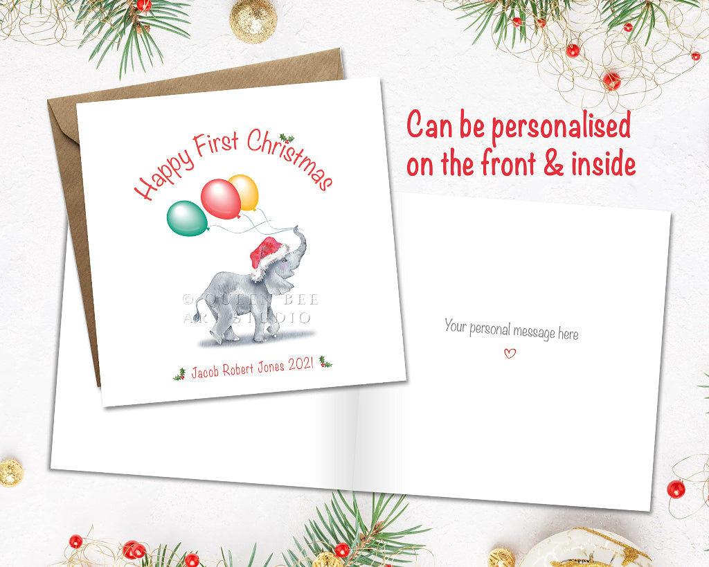 Cute Baby elephant 1st Christmas card can be personalised on the front and printed inside with custom greeting