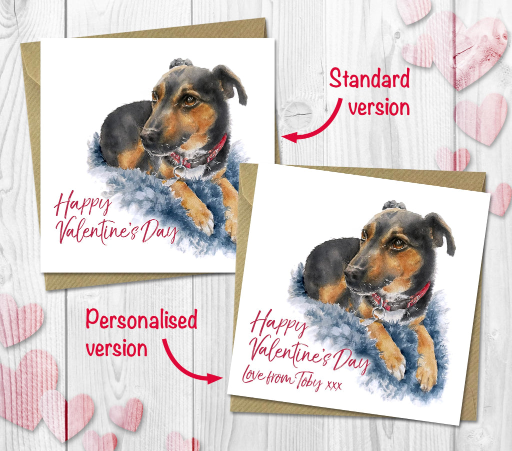 2 Happy valentine's cards showing customisation options. The cards feature an illustration of cute black and tan jack russell terrier