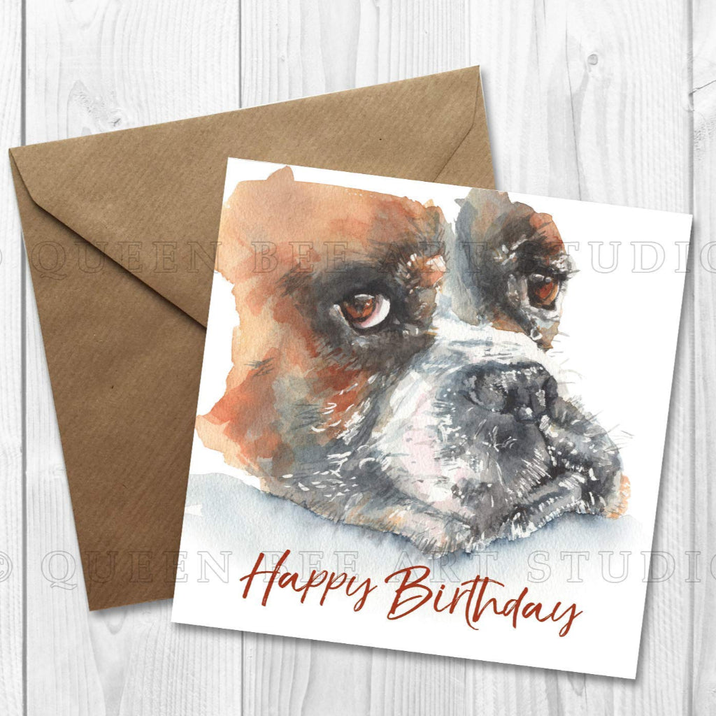 Boxer Dog Birthday card with kraft envelope with realistic painting of dog
