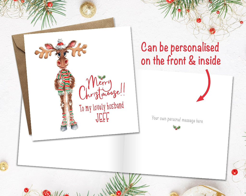 Cute reindeer moose card with personalised christmas greeting printed inside and on the front