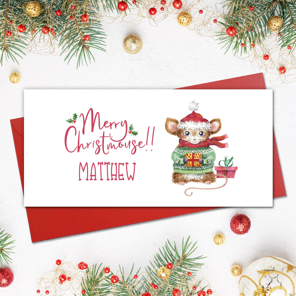 personalised christmas card with merry christmouse and boy or girls name on the front. With bright red envelope and painting of a cute mouse in christmas jumper and santa hat on front