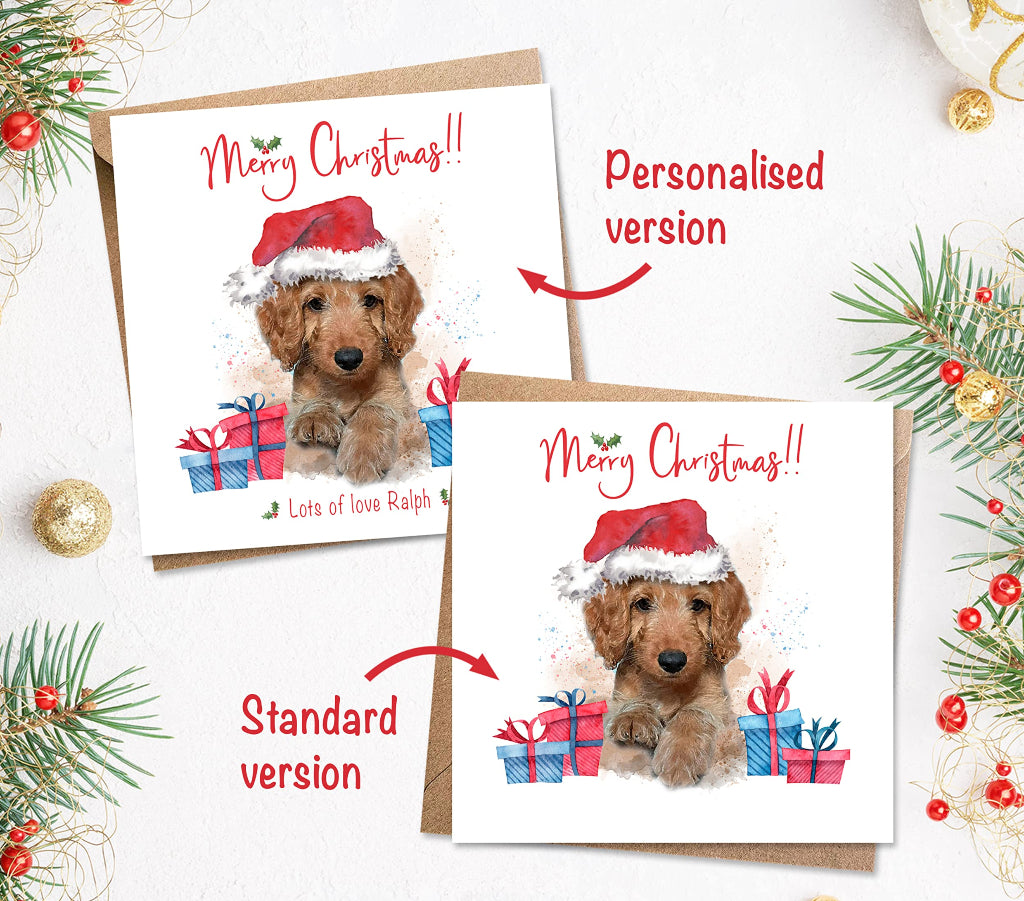 2 christmas cards with a cockerpoo on the front, one is personalised with the dog's name, and the other is the standard version with just the dog on the front
