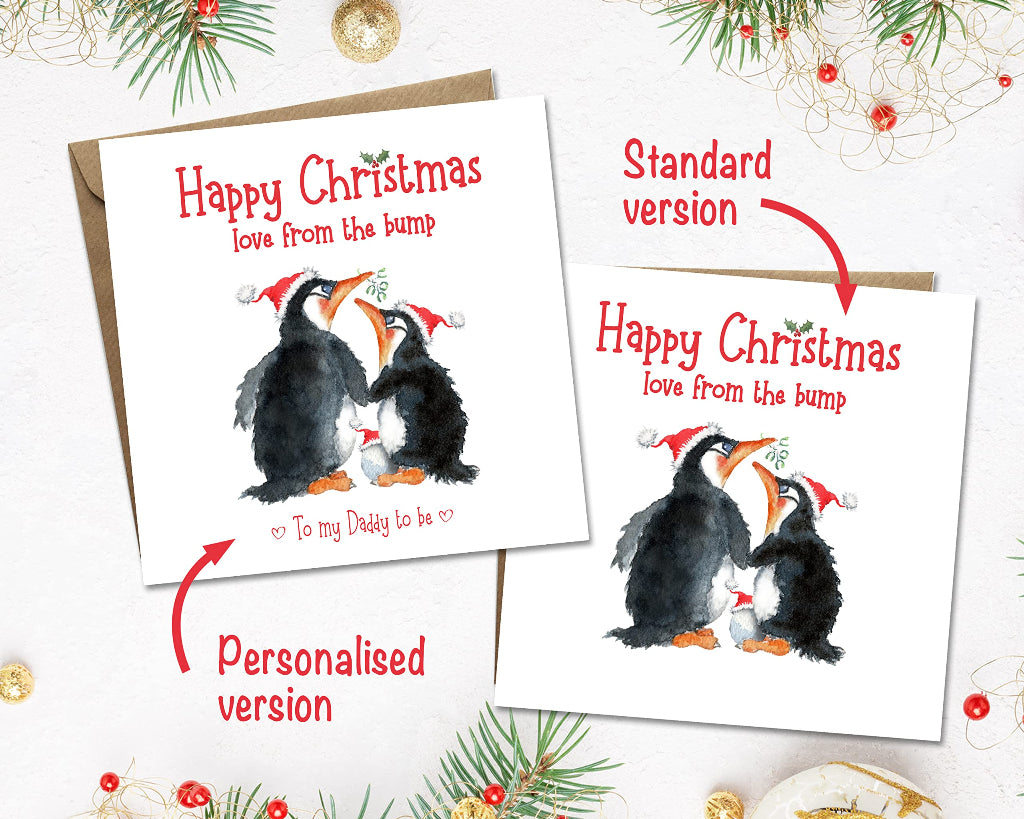 Personalised and standard versions of love from the bump christmas cards, with cute penguins and egg in santa hat, for new parents to be