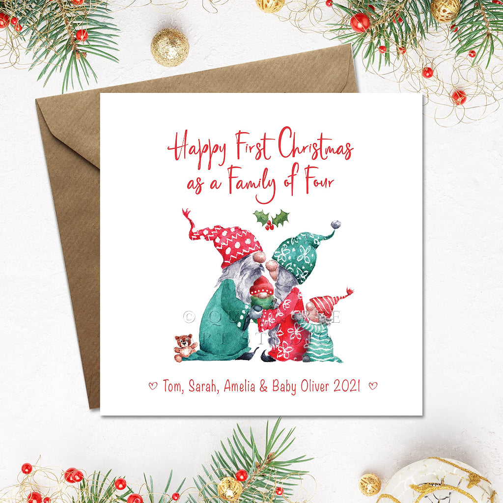 Cute 1st Christmas as a family of 4, with cute gnomes, personalised with names and year along the bottom