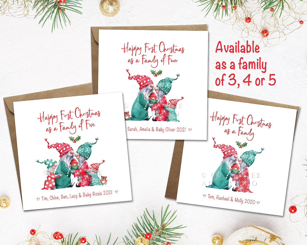 3 different gnome family Christmas cards, celebrating 1st Christmas as a family of 3, 4 or 5.