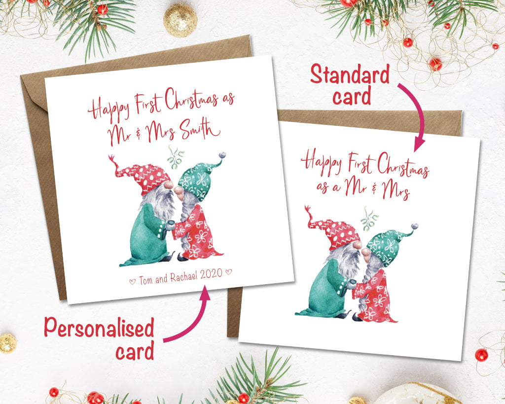 Happy 1st Christmas as Mr & Mrs cards with cute kissing gnomes, showing different options for personalisation