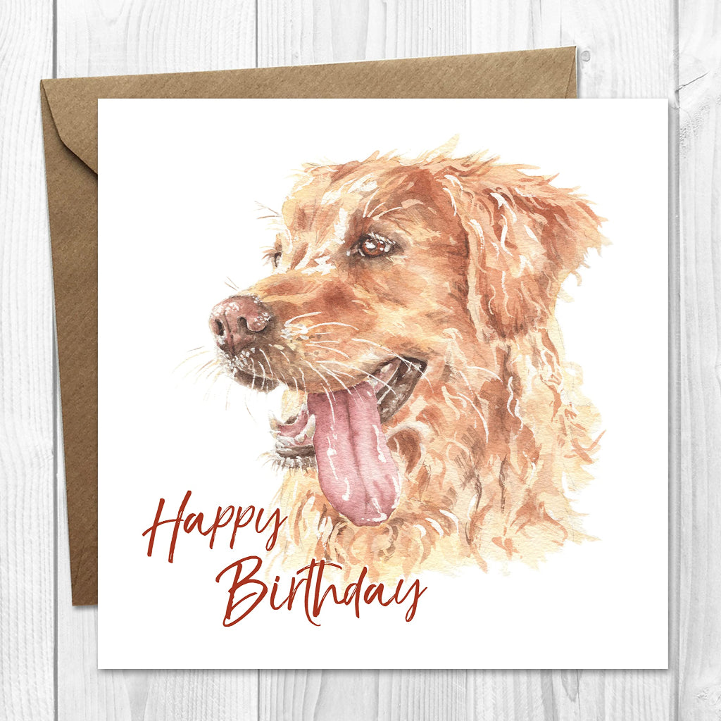 Golden retriever happy birthday card with beautiful dog painting