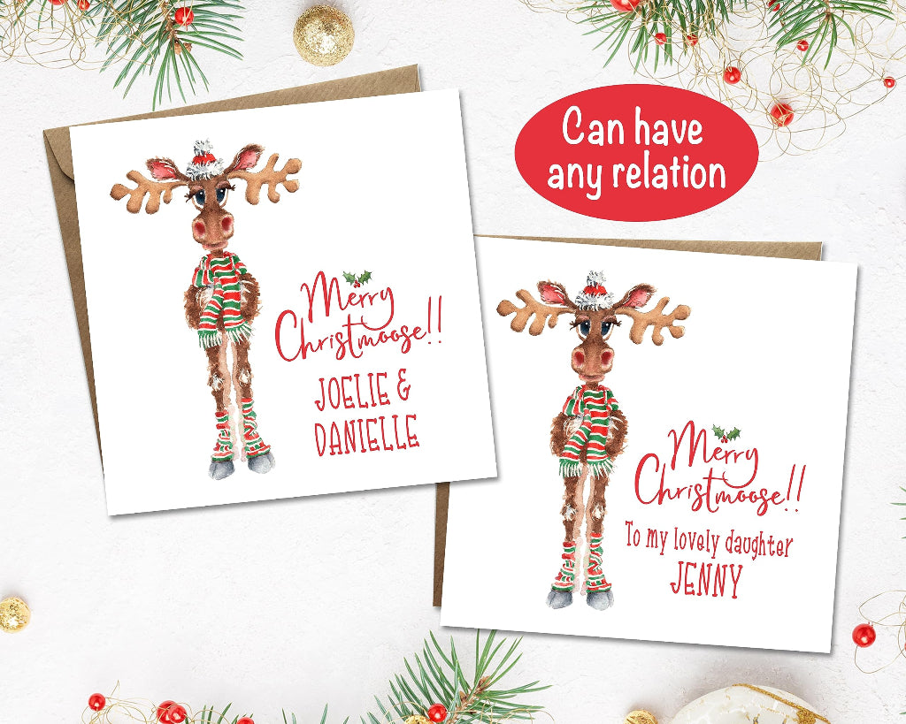 Funny merry christmoose xmas cards personalised with any relation - to my lovely daughter, son, grandson, granddaughter