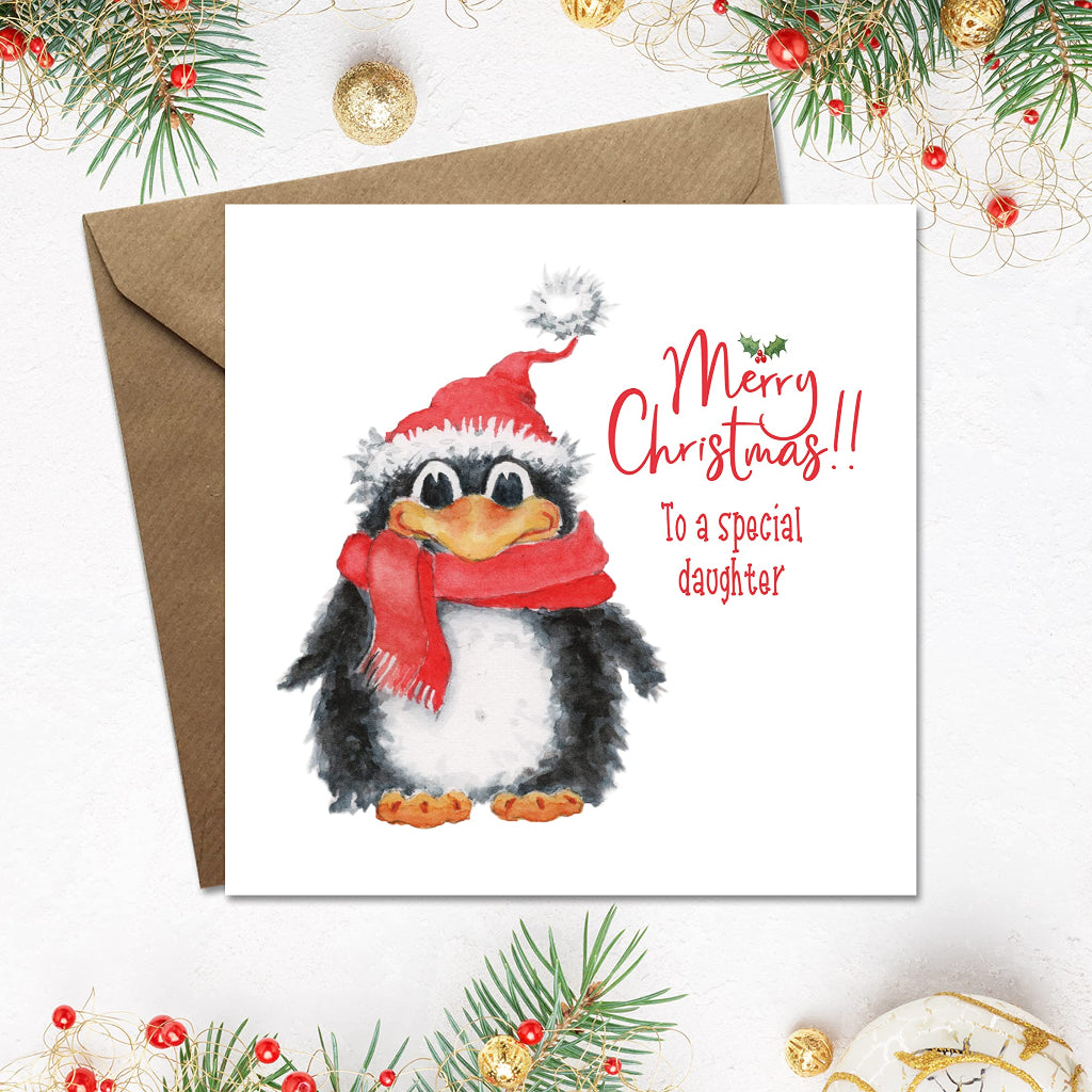 Square merry christmas card for a special daughter with cute penguin