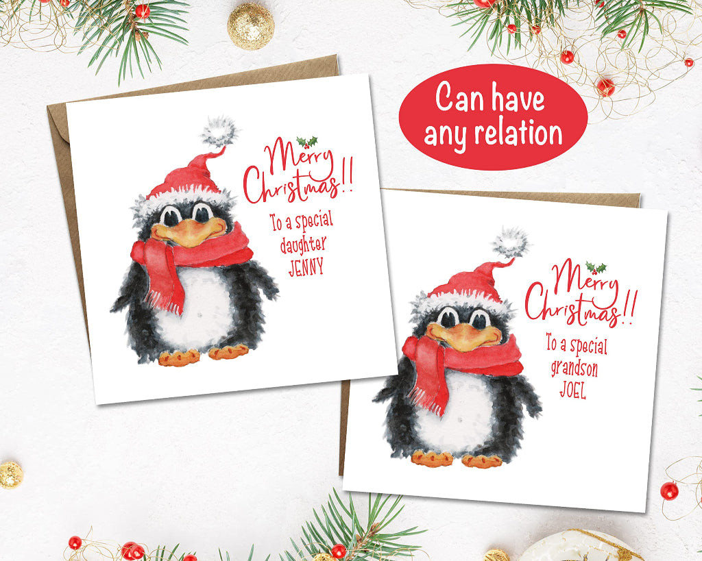Personalised penguin merry christmas cards customised with names and different relatives: daughter, grandson, son, granddaughter, niece, nephew