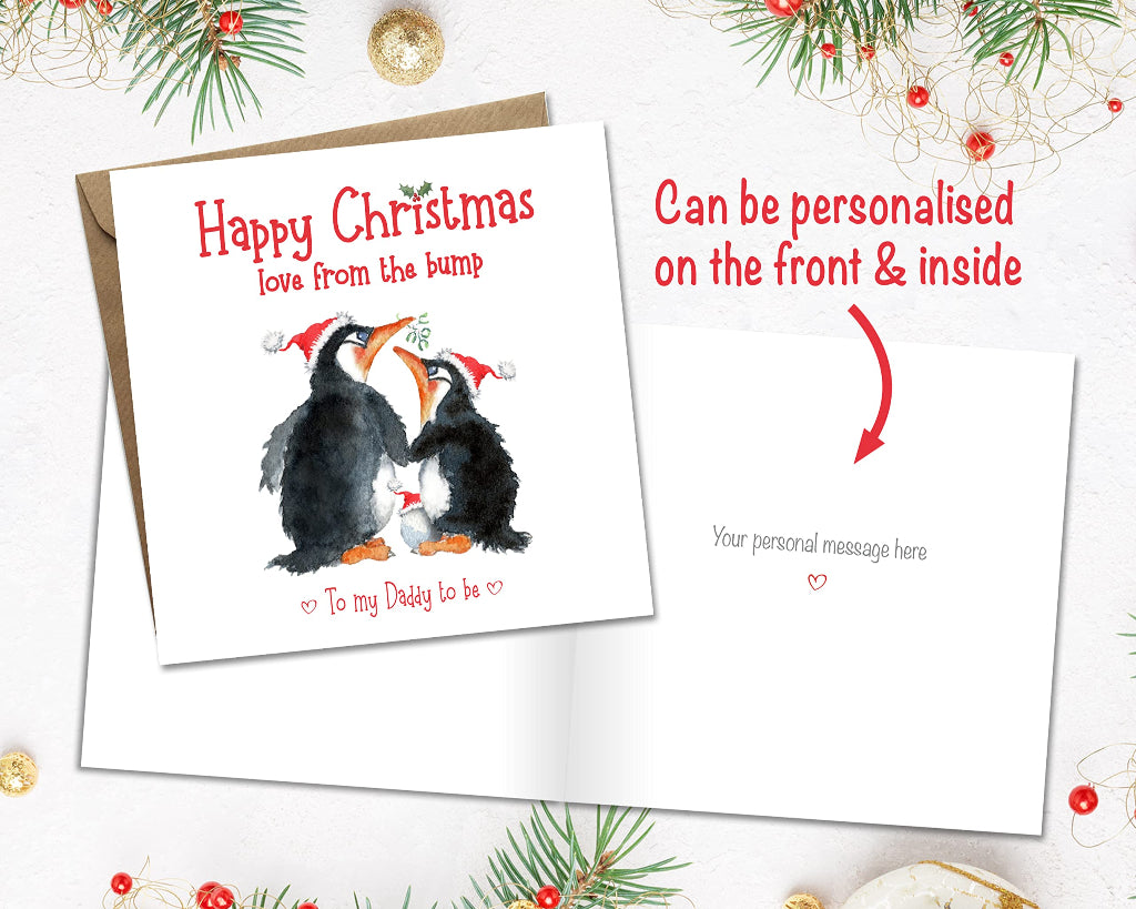 Sweet personalised christmas card from unborn baby bump, with penguins and egg. Can be printed inside with customised greeting for mummy or daddy to be