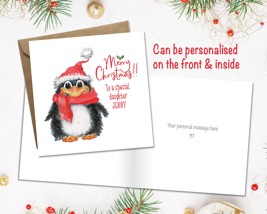 Personalised penguin christmas card can be printed on the front with child's name and printed inside with custom greeting