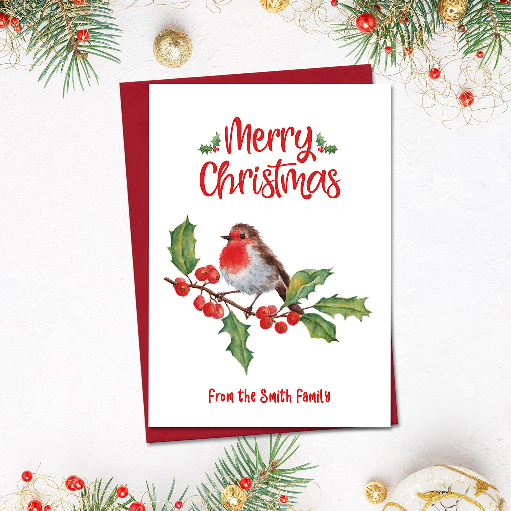 Personalised Merry Christmas card with cute robin and red envelope