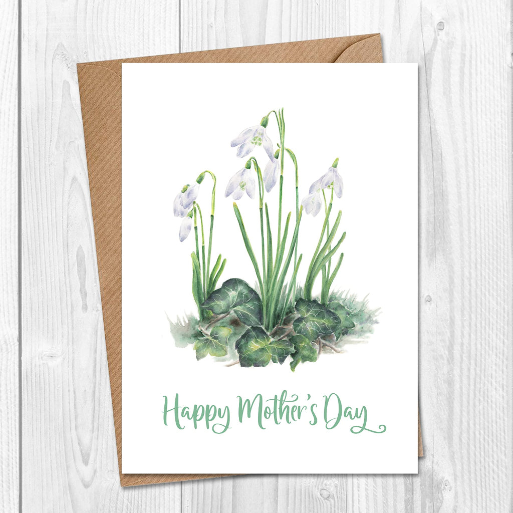 A Happy Mother's Day card with white snowdrops on the front