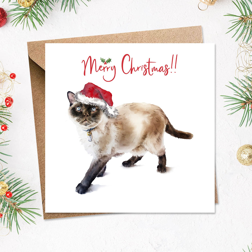 Large square merry christmas card with beautiful painting of siamese cat on the front