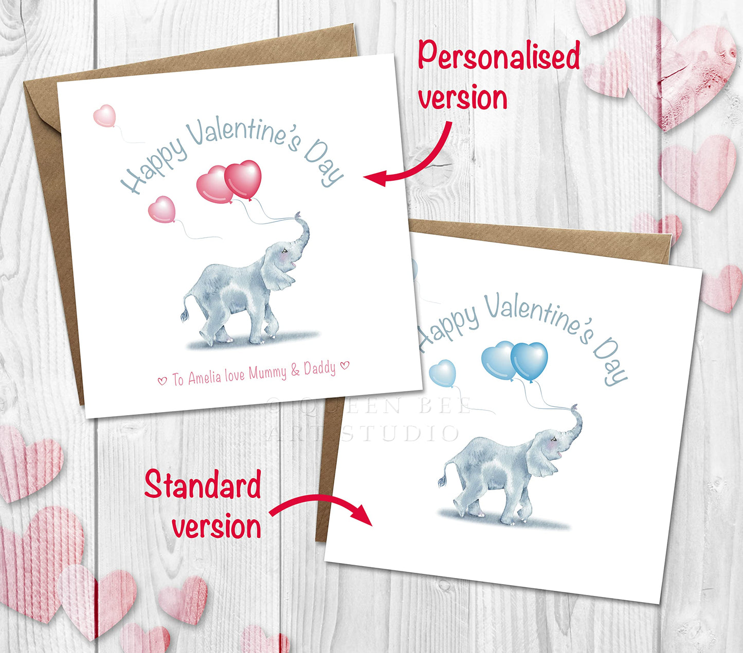Personalised Valentines Card for Kids, Young Children and Babies with Cute Elephant