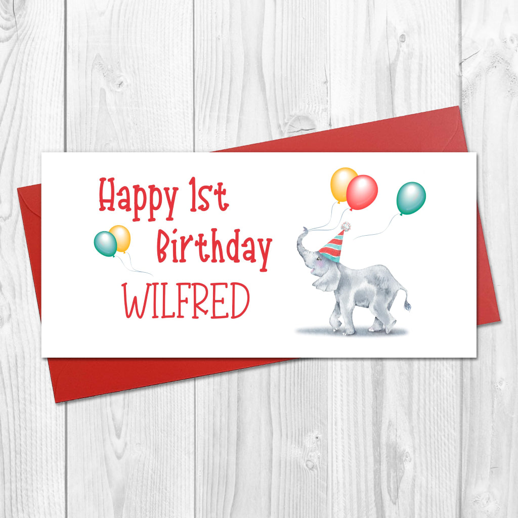 personalised 1st birthday money wallet gift card with cute baby elephant in party hat and balloons, with red elephant