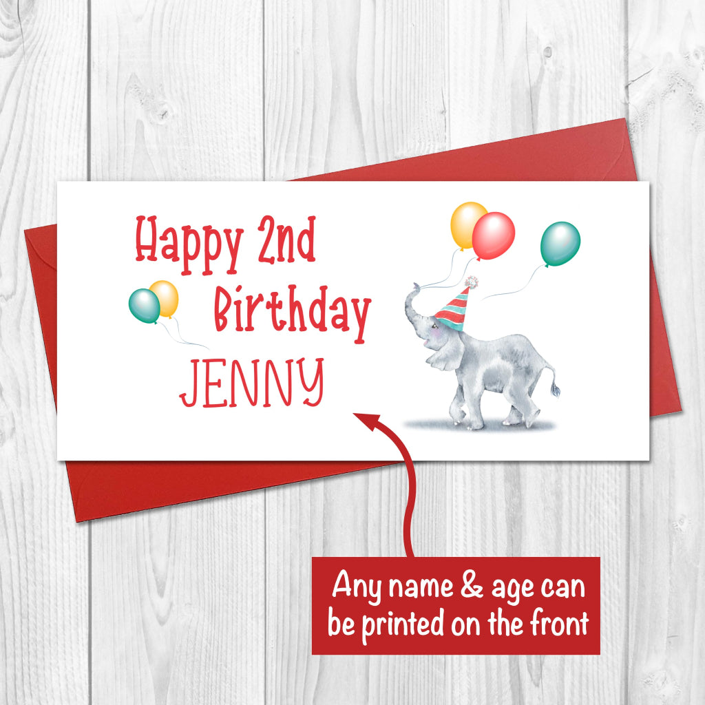cute baby elephant birthday gift card customised with any name and birthday age