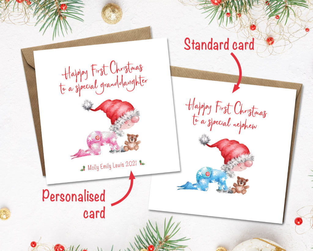 Two first Christmas cards with personalized text for nephew and granddaughter on a festive background. Design has cute picture of babies in pink and blue and santa hat