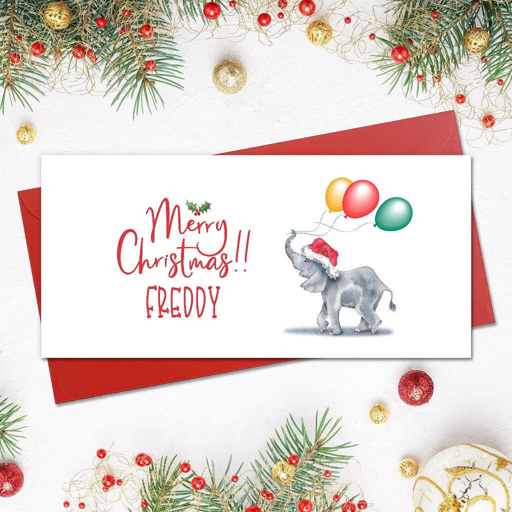 Personalised Christmas card with Cute baby elephant in santa hat with balloons and red envelope for little boy girl