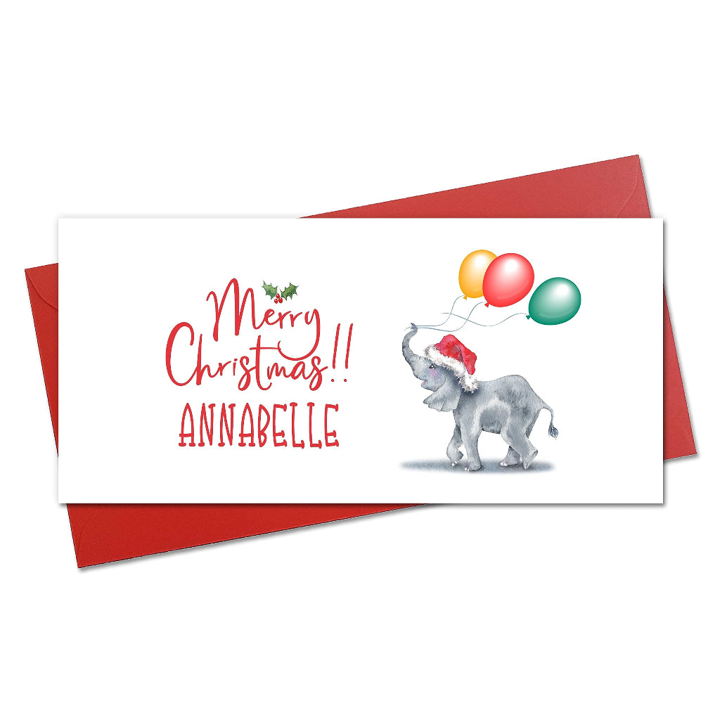 Original picture of Playful baby elephant in santa hat printed on a personalised christmas card with girls name on front, with red envelope