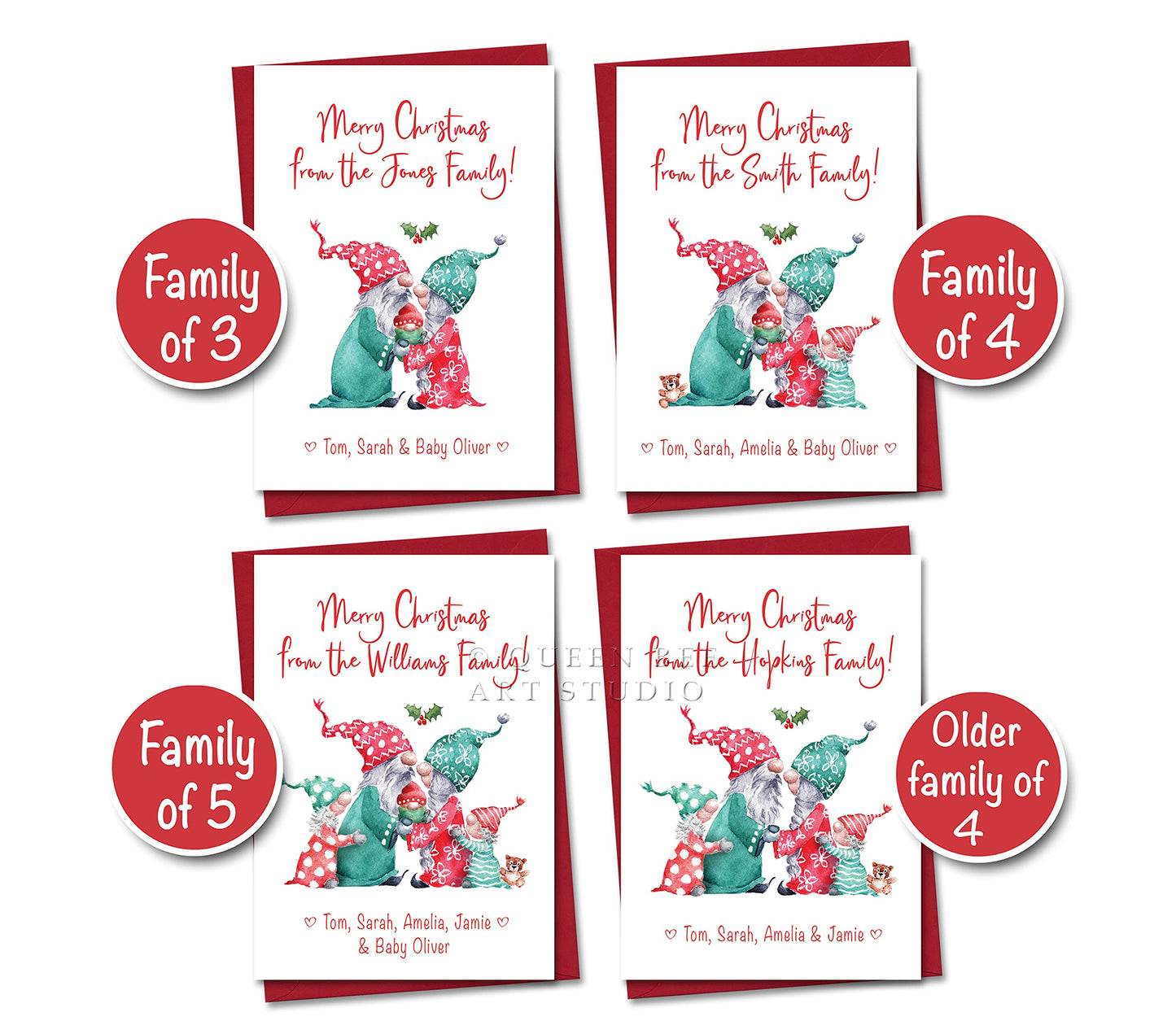 Pack of 6 Personalised Gonk Christmas Cards from a Family of 5