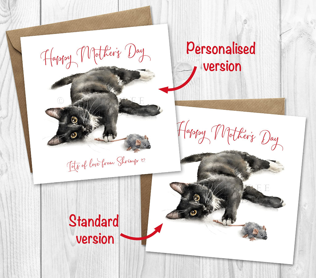 Two cute Mother’s Day cards featuring an illustration of a black and white cat on the front; one card is personalised with the cat’s name displayed below the artwork.