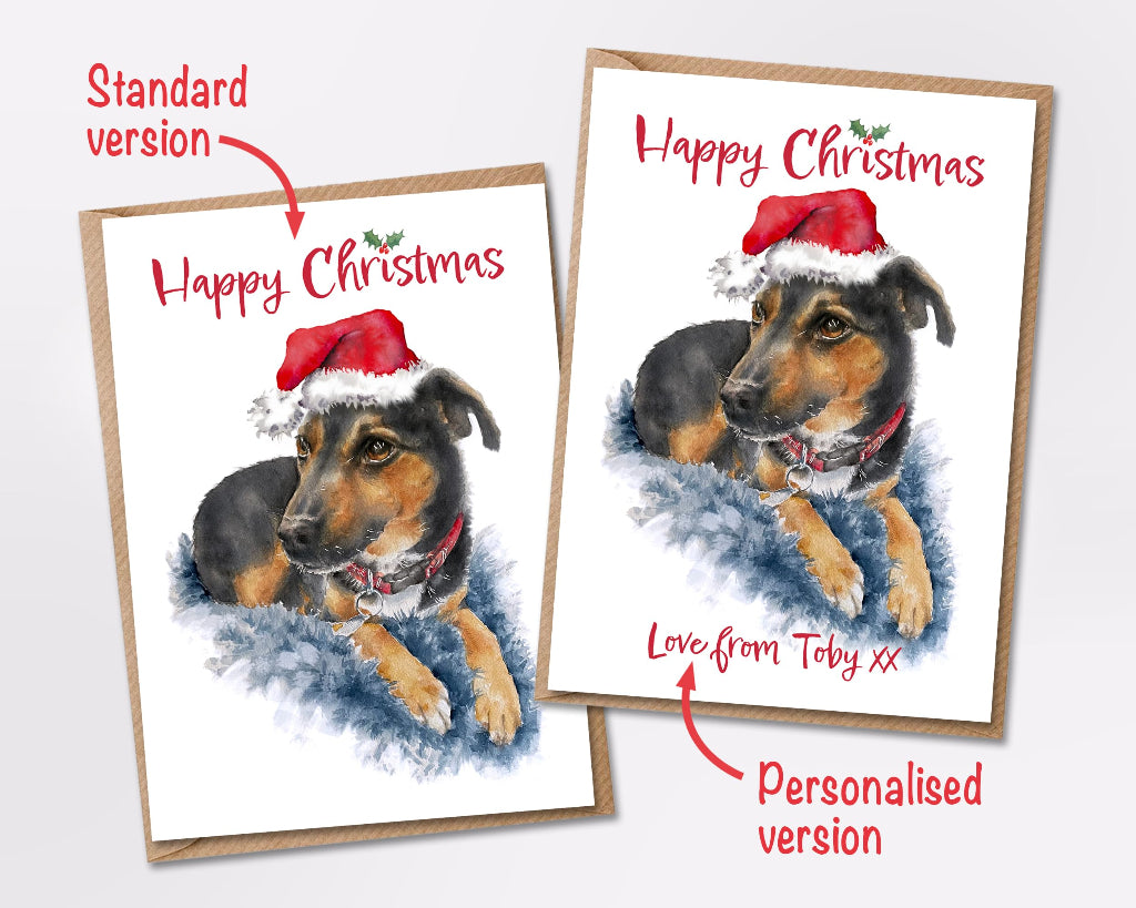 2 christmas cards with cute manchester terrier type dog with personalised and standard customisation options