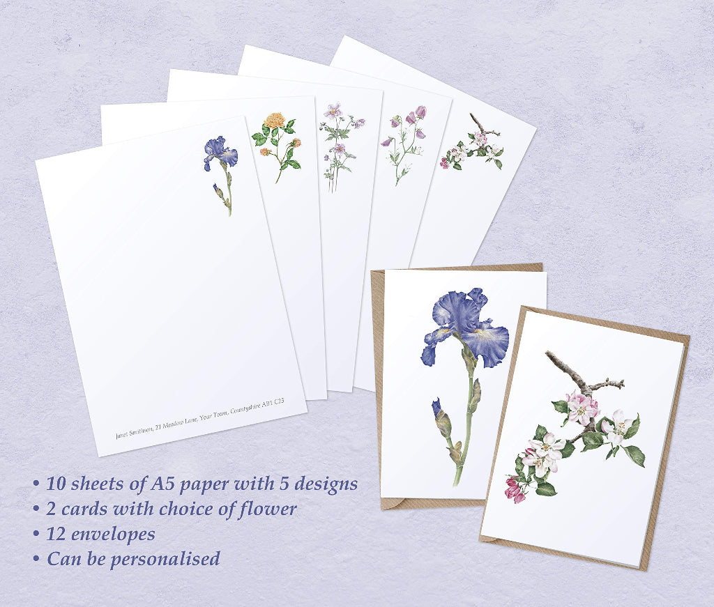 Botanical art floral note paper with 5 different flower designs with pretty flower cards, for writing letters and stationery fans
