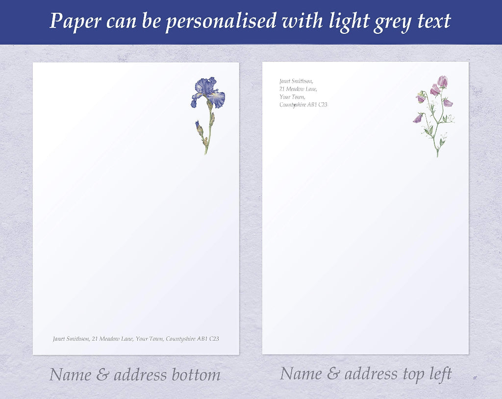 Different options for name and address on personalised writing paper