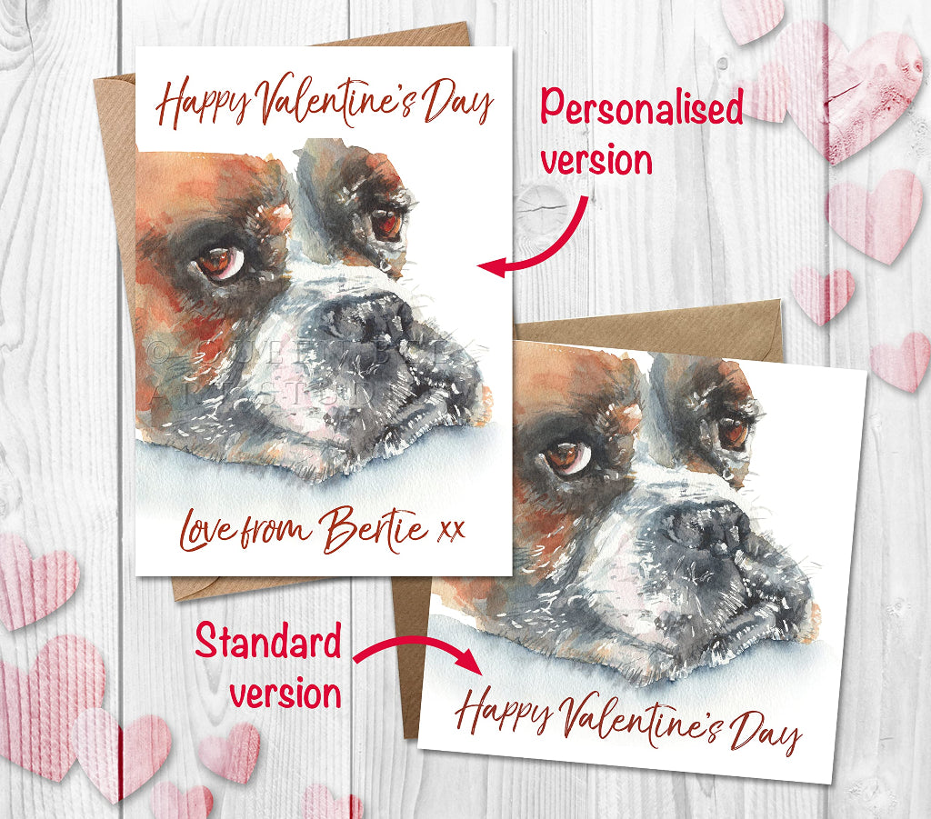 2 Valentines cards with an illustration of a boxer dog, one personalised on the front with the dog's name.