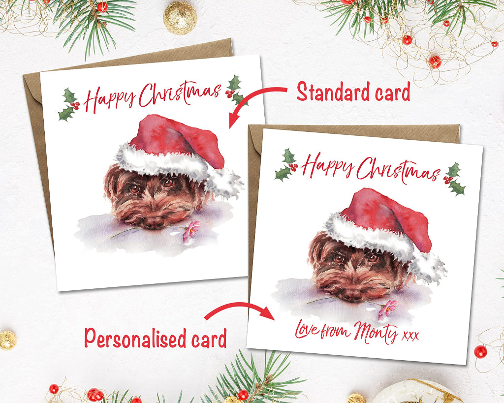 2 cockerpoo christmas cards, showing personalised option with dog's name on the front and standard, non-personalised, card