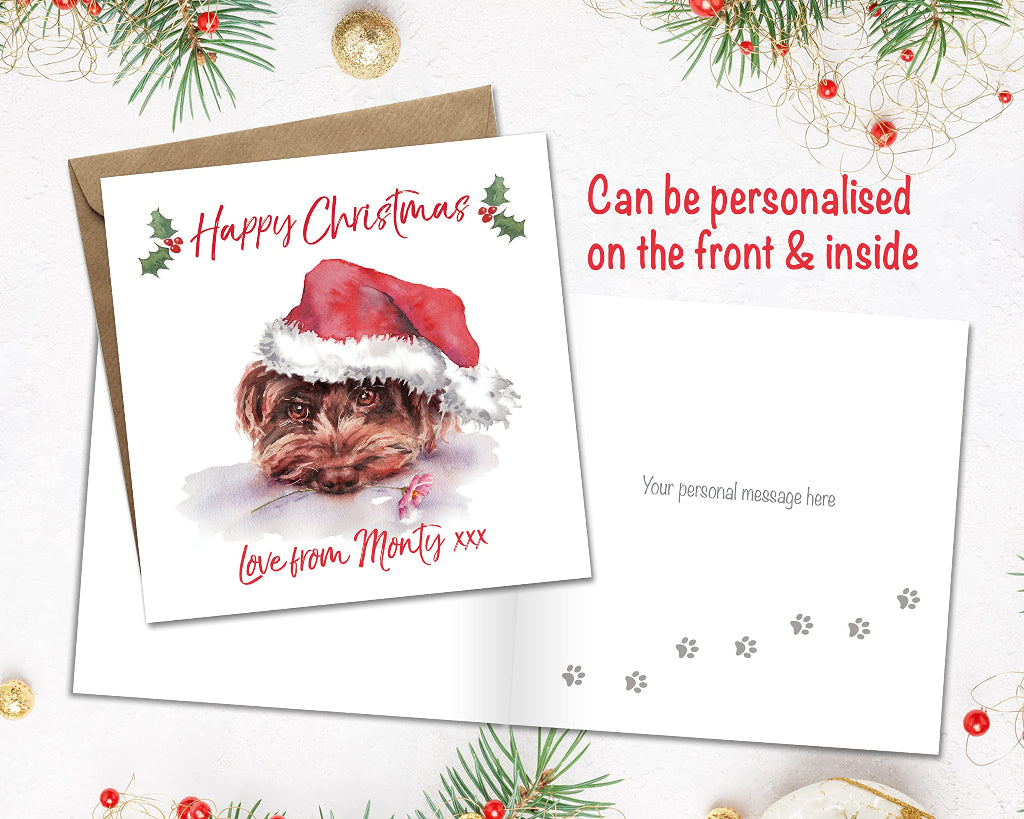 Personalised christmas card from cockerpoo dog, which can be printed inside with custom greeting from the dog printed inside