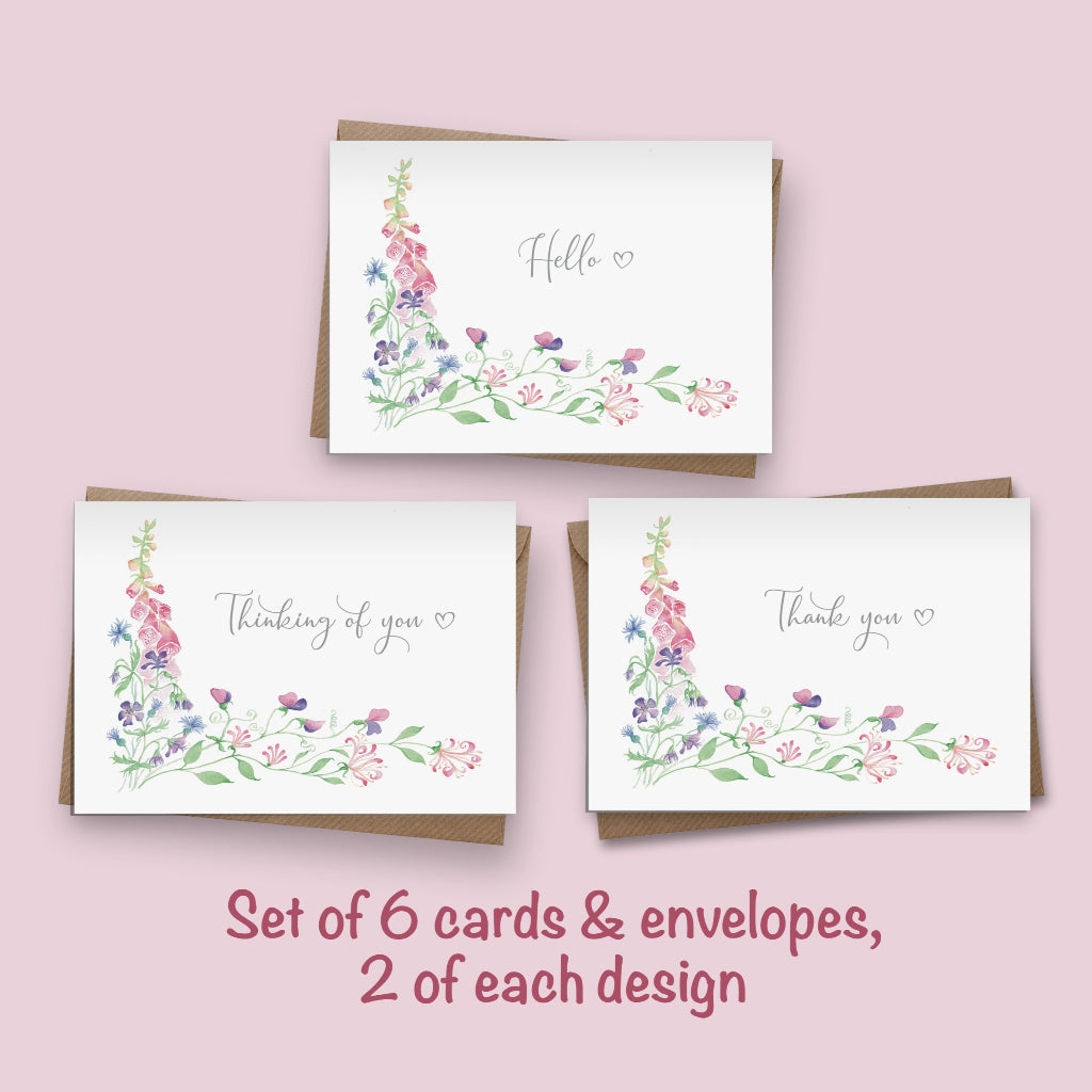 3 notelets & envelopes with pretty cottage garden designs with Hello, Thinking of You and Thank You on the front