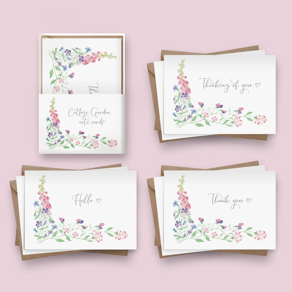 3 different cottagecore note cards with a presentation wallet for gifting