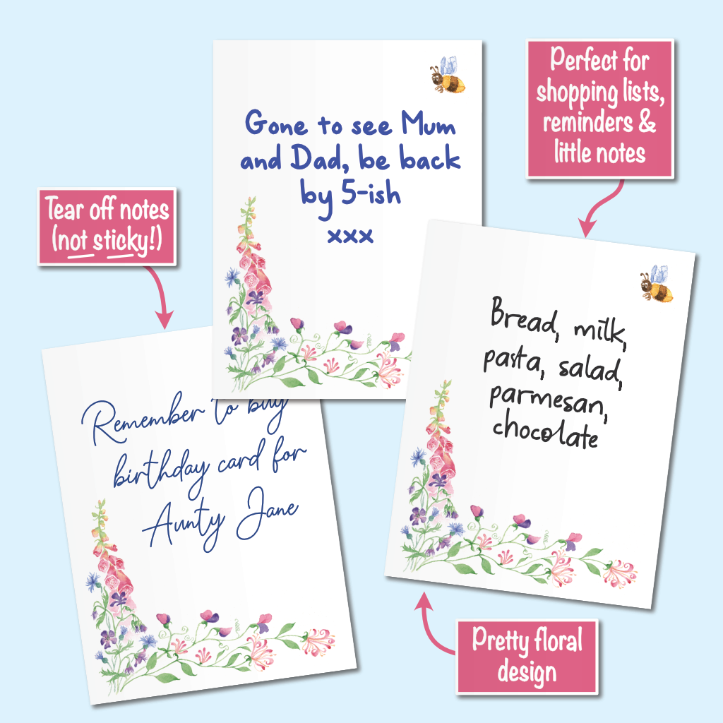 Three floral tear-off notes arranged on a light blue background with pink callout boxes and arrows describing features like tear-off notes, shopping list reminders, and a pretty floral design.