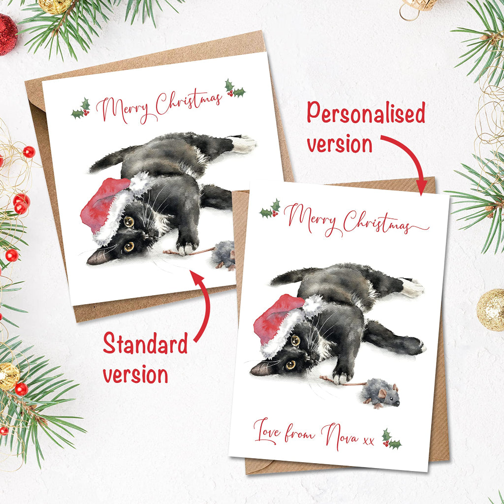 2 christmas cards with black cat showing personalised & standard versions