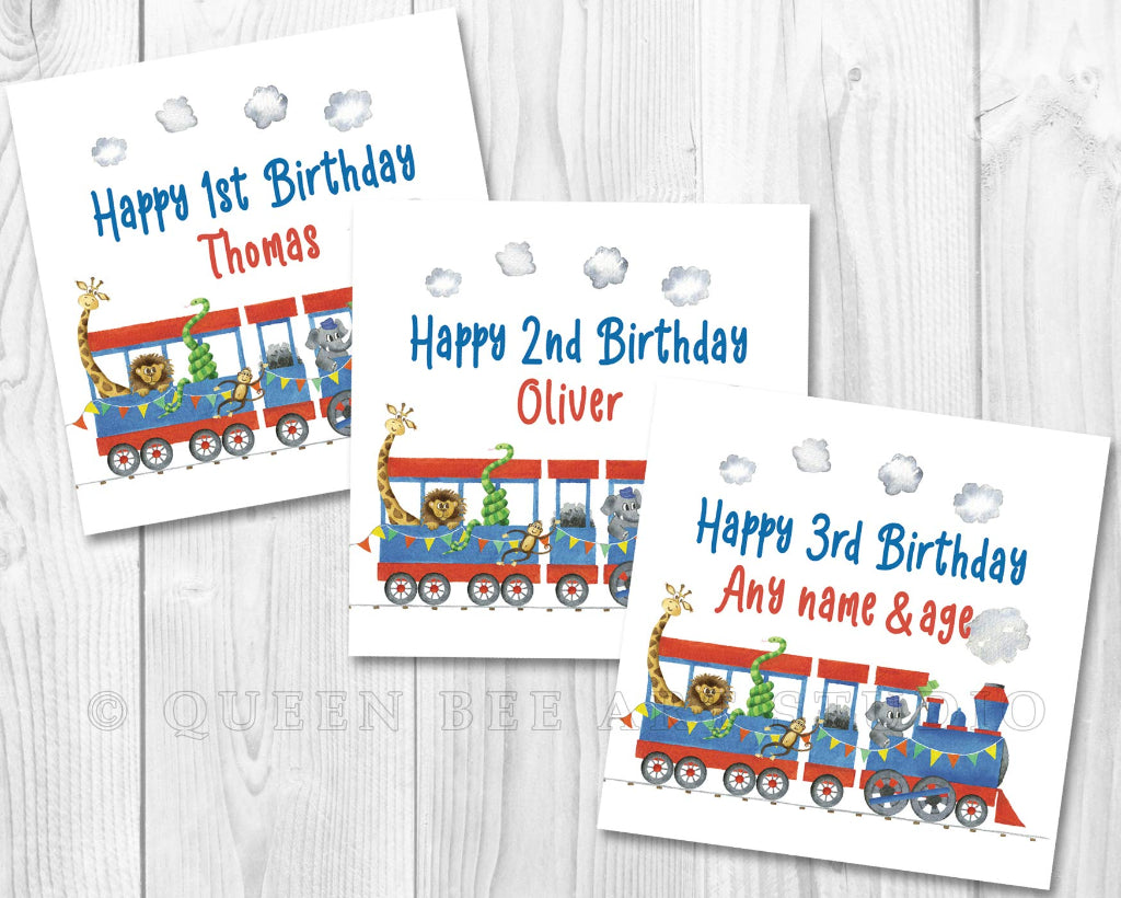 custom circus train birthday card with name and age with circus animals 1 year old