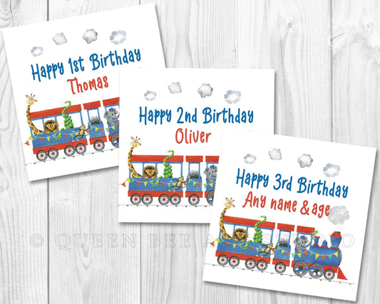 custom circus train birthday card with name and age with circus animals 1 year old