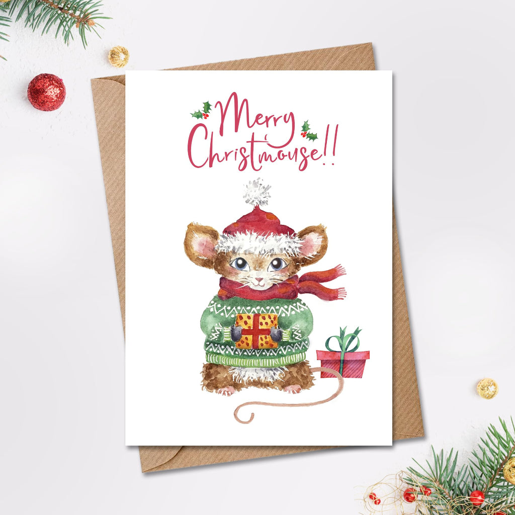 a cute Christmas card with a little mouse on front, suitable for children, grandson, granddaughter, son, daughter, niece or nephew